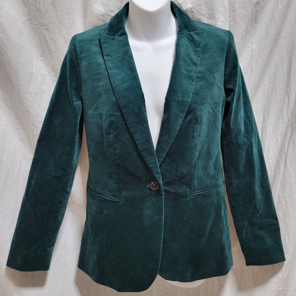 J. Crew Velveteen One-Button Blazer Jacket Womens Size 0 Green BC800